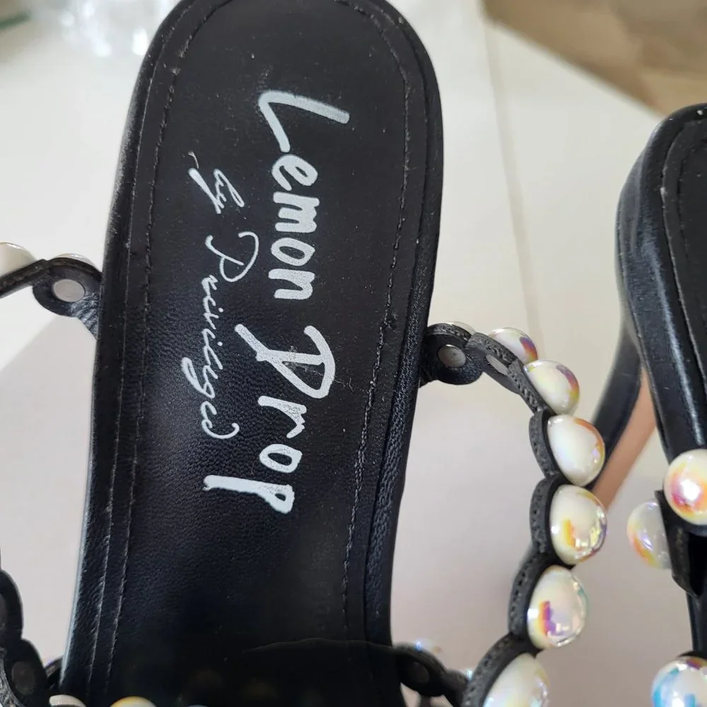 Lemondrop Black Satin Pearl Open Toe Slingback Heels 6.5 Elegant Cocktail Party
